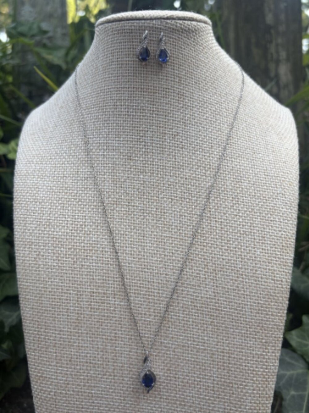 KAY Jewelers Sterling Silver Blue Sapphire Diamond Teardrop Necklace Earrings